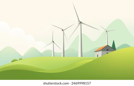 a cartoon image of a farm with wind turbines in the background.