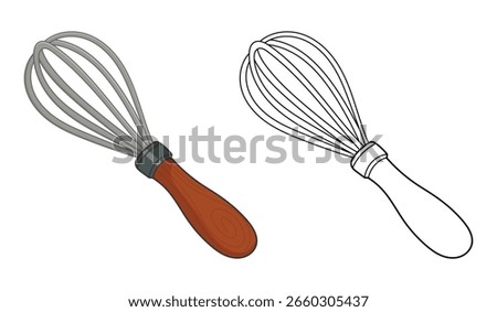 Cartoon image featuring a whisk with gray metal and wooden handle design.
