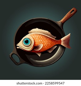 imagen de caricatura de un pez en una sartén. Ilustración del vector
