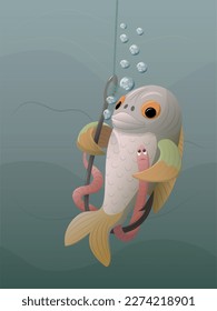 A cartoon image of a fish with a worm on a hook