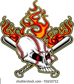 Cartoon Image of Flaming Baseball Bats and Skull with Baseball Laces