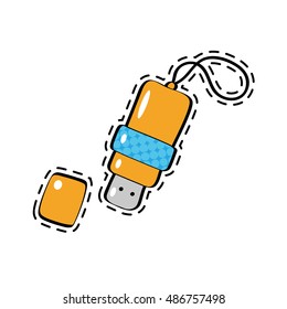 Cartoon image of flash drive isolated on white background in pop art comic style with halftone effect. Fashion patch badges, stickers. Vector illustration.