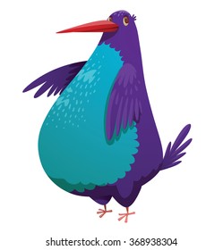 Cartoon image of a funny fantasy beautiful tropical fat bird with bright purple-blue feathers with a big belly, small tail and red beak standing on one leg on a white background. Vector illustration.