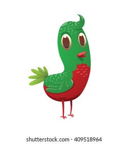 Cartoon image of a funny fantasy beautiful little tropical bird with bright green-red feathers, small green tail and small red beak standing on a white background. Vector illustration. Tropical bird.