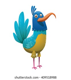 Cartoon image of a funny fantasy beautiful tropical bird with bright blue-yellow feathers, big blue tail and big hooked orange beak standing on a white background. Vector illustration. Tropical bird.