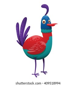 Cartoon image of a funny fantasy beautiful tropical bird with bright red-blue feathers, big feathery purple tail and a small beak standing on a white background. Vector illustration. Tropical bird.
