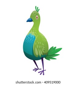 Cartoon image of a funny fantasy beautiful tropical bird with bright green-blue feathers, small green tail and a small blue beak standing on a white background. Vector illustration. Tropical bird.
