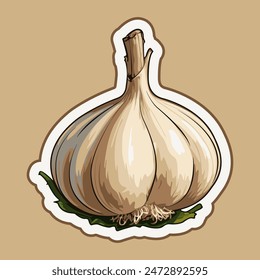 Una Imagen de dibujos animados de ajo. Plantilla para el diseño de pegatinas, prendas de vestir, recuerdos. Ilustración vectorial estilizada.