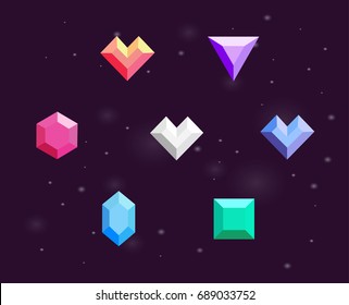 Cartoon image of gems and diamonds of different colors on cosmos black background for computer games.
