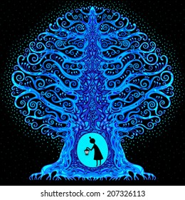 Cartoon Image of a girl with a lantern in the forest