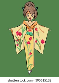 cartoon image of a girl in traditional Japanese kimono dress on a green background