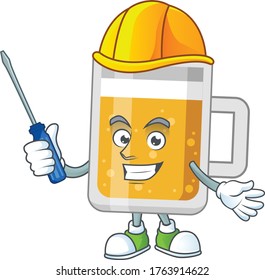 A cartoon image of glass of beer in a automotive character. Vector illustration