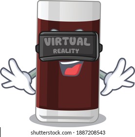 A cartoon image of  glass of chocolate using modern Virtual Reality headset. Vector illustration
