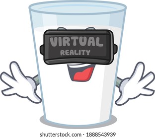A cartoon image of  glass of milk using modern Virtual Reality headset. Vector illustration
