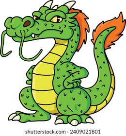 A cartoon image of a green dragon with grumpy expression. Separated line and color