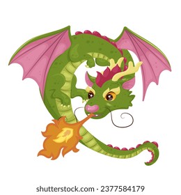 Cartoon image of green fire dragon. Cute fairy dinosaur design. Happy character, funny monster. Pink wings. Kid toy. Beautiful and fantasy creature. Isolated on white background. Vector illustration