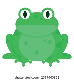 Cartoon image of a green frog with darker spots, sitting on its hind legs with front legs stretched out, and large eyes on its head.