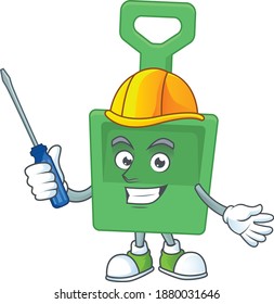 A cartoon image of green sand bucket in a automotive character. Vector illustration