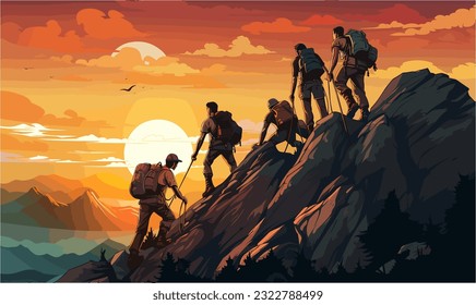 Cartoon image of a group of climbers supporting each other on a challenging cliff