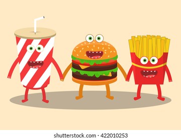 Cartoon image of Hamburger, Cola and French fries. Icons for web and mobile application. Flat design style.