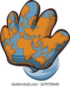 A cartoon image of a hand palm with pattern as a  of the Earth's map.