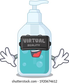 Imagen de caricatura de un sanitizador de manos usando auriculares modernos de Realidad Virtual
