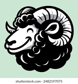 cartoon image of a horned sheep's head silhouette, with a smiling mouth