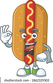 A cartoon image of hotdog as a waiter character ready to serve. Vector illustration