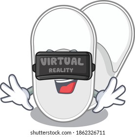 A cartoon image of hotel slippers using modern Virtual Reality headset