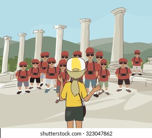 cartoon image illustrating an educational tour at classical archeology site