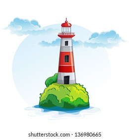 Cartoon image of the island with a lighthouse. Vector illustration for web design, print, magazine, poster.