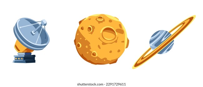 Cartoon image of Jupiter, an asteroid in craters with holes and a station for observing space objects, a radio telescope. Isolated on white background.