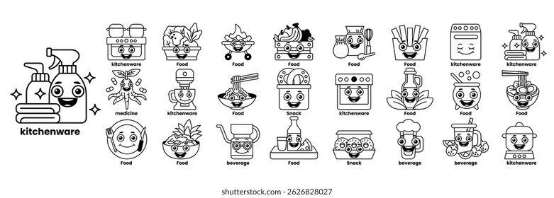 Uma imagem de desenho animado de uma cozinha com uma variedade de alimentos e utensílios de cozinha em estilo de desenho de linha