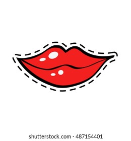 Cartoon image of lips isolated on white background in pop art comic style with halftone effect. Fashion patch badge, sticker. Vector illustration.