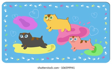 cartoon image of little cute kittens playing with paints