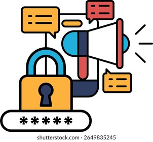 Una Imagen de dibujos animados de una cerradura con una llave y un micrófono. La cerradura está rodeada por un borde rojo, azul y amarillo. El micrófono está en el lado derecho de la Imagen. Concepto de seguridad y comunicación