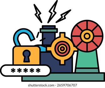 Uma imagem de desenho animado de uma fechadura, uma chave e uma usina de energia. A fechadura é amarela e a chave é azul. A usina é vermelha e verde. A cena é de segurança e poder