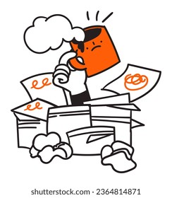 a cartoon image of a man holding a coffee mug in front of a pile of papers