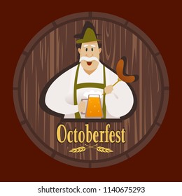 Cartoon image of a man in national clothes with a glass of beer and a sausage on a background of a wooden barrel. Oktoberfest. Logo