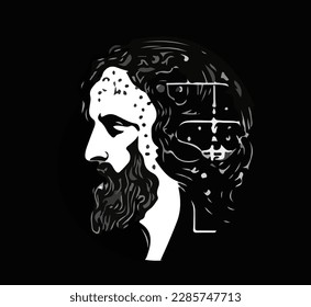 Cartoon image of a man's head with patterns on his hair and beard. Vector illustration isolated on black background