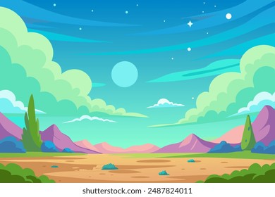 Cartoon image of mountains, trees, clouds, and ecoregion in green and blue