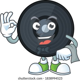 A cartoon image of music viynl disc as a waiter character ready to serve. Vector illustration