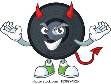 A cartoon image of music viynl disc as a devil character. Vector illustration