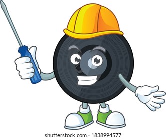 A cartoon image of music viynl disc in a automotive character. Vector illustration