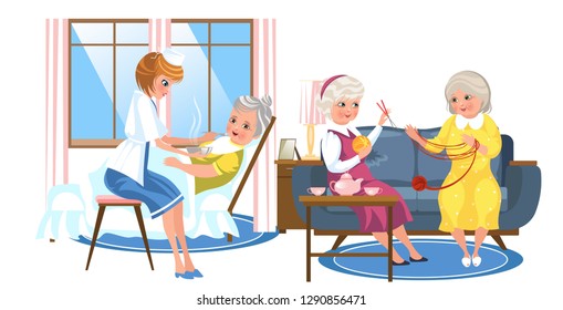 Cartoon image of nice old people resting in rooms