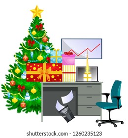 Cartoon image of office desk and christmas tree