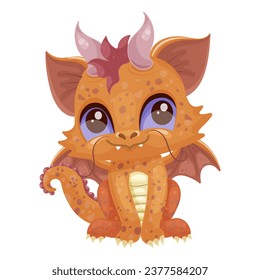 Imagen de caricatura del diminuto dragón naranja. Diseño de dinosaurios de hadas. Personaje feliz, monstruo gracioso con alas. Juguete infantil. Hermosa y fantasiosa criatura. Aislado sobre fondo blanco. Ilustración del vector