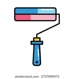 A cartoon image of a paint roller with a blue handle