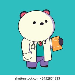 cartoon image of a panda becoming a doctor. with a stethoscope and a book in his hand