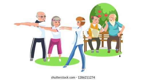 Cartoon image of people in suits doing exercises